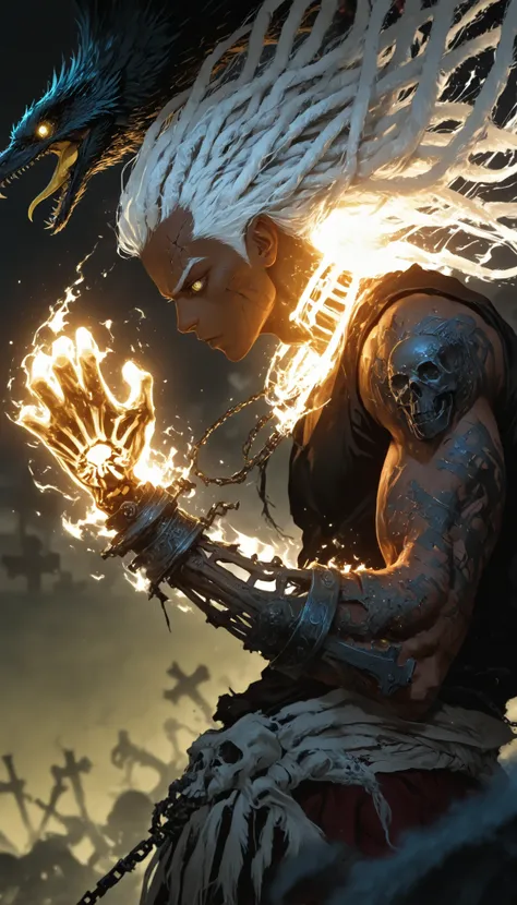 ((a boy)),dark skin,foreground,dynamic blur,dynamic pose,white hair,long hair,dreadlocks,((giant facial scar)),bright yellow eyes,metallic arm,damask steel dagger,From very close,desenfoque de movement,((rostro en foreground)),(from side:1.2),(portrait:1.2...