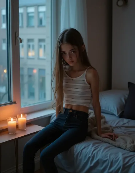 score_9, picture of 1girl, girl, full body visible, young, posing, dynamic pose, (sitting on window still) adorable, cute, innocent, thin, short, skinny small, (cute face), extremly Long blond hair, a-line haircut, (flat chested), flat chest, fit, long leg...