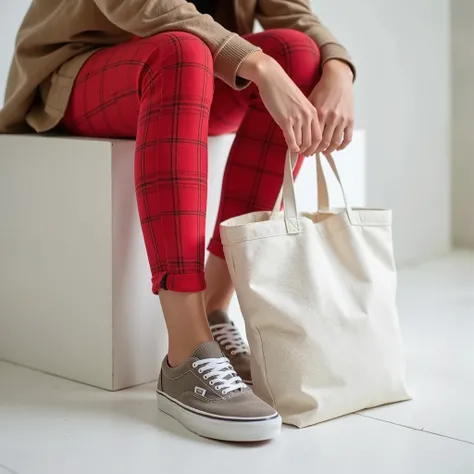 (((Close-up - low angle))) of a trunk of a young, thin woman seated in front of a low white block, wearing tight red plaid pants and (((Vans® sneakers))), holding one holding a white cloth bag, holding a raw cloth bag, square bag,  Sustainable Materials , ...
