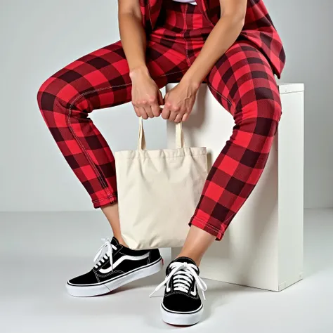(((Close-up - low angle))) of a trunk of a young, thin woman seated in front of a low white block, wearing tight red plaid pants and (((Vans® sneakers))), holding one holding a white cloth bag, holding a raw cloth bag, square bag,  Sustainable Materials , ...