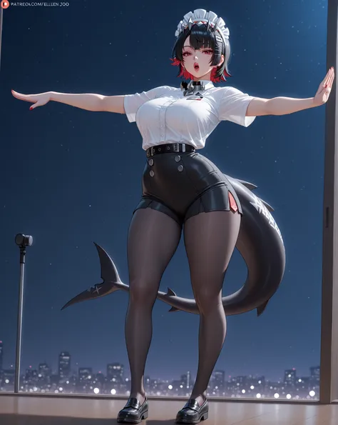(Yoga, yoga pose:10.0, dynamic pose, adult Ellen Joe:10.0, Ellen Joe Outfit:2.0, transparent Ellen Joe pantyhose:6.0, big mouth:4.0, big lips:4.0, open mouth:2.0, seductive eyes:4.0, detailed face, detailed mouth, small waist:1.0, wide hips:1.0),  black ha...