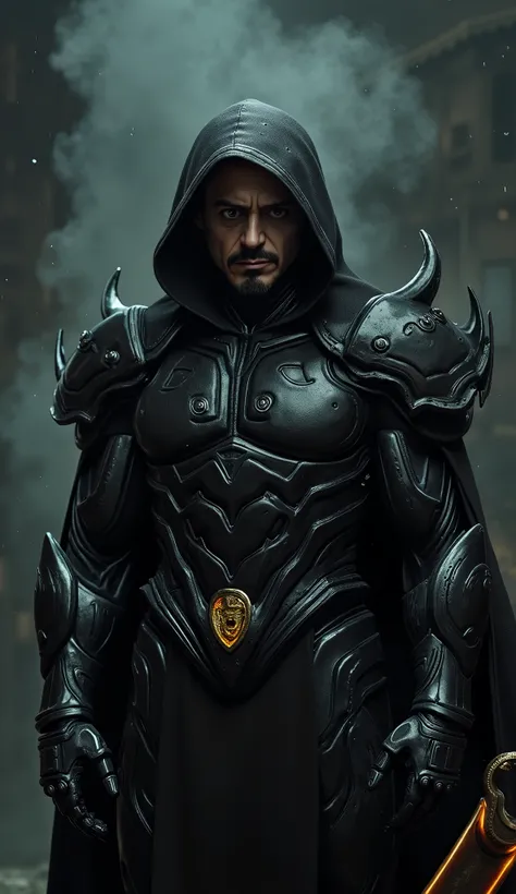 Robert Downey Jr. like Noob Saibot in a hyper-realistic and summarized version: With your black iron mask you only cover your hollow
The scene focuses on the upper body, exibindo Robert Downey Jr. with refined features , but darker. Your face carries a c...
