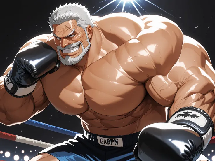 solo, muscular old man, garp, white_Garp_old facial hair, grey_Garp_short hair, black_Garp_scar on face, black_Garp_eyes, happy, grin, boxing, fighting stance, boxing gloves, shirtless, very huge pectoral, shorts, detailed face:1.3, eyes, wide shoulder, th...