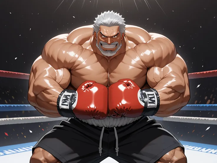 solo, muscular old man, garp, white_Garp_old facial hair, grey_Garp_short hair, black_Garp_scar on face, black_Garp_eyes, happy, grin, boxing, fighting stance, boxing gloves, shirtless, very huge pectoral, shorts, detailed face:1.3, eyes, wide shoulder, th...