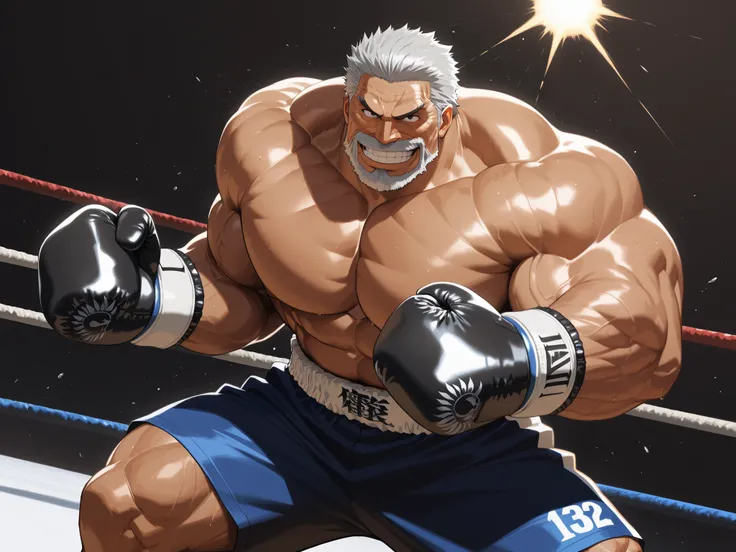 solo, muscular old man, garp, white_Garp_old facial hair, grey_Garp_short hair, black_Garp_scar on face, black_Garp_eyes, happy, grin, boxing, fighting stance, boxing gloves, shirtless, very huge pectoral, shorts, detailed face:1.3, eyes, wide shoulder, th...