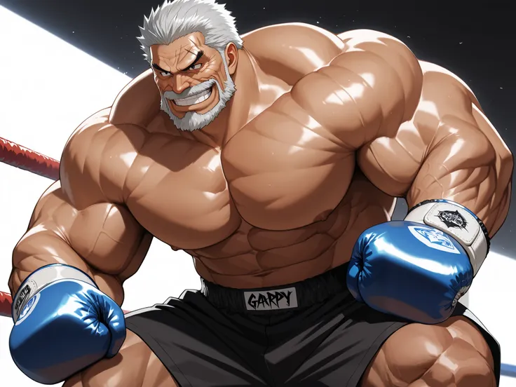 solo, muscular old man, garp, white_Garp_old facial hair, grey_Garp_short hair, black_Garp_scar on face, black_Garp_eyes, happy, grin, boxing, fighting stance, boxing gloves, shirtless, very huge pectoral, shorts, detailed face:1.3, eyes, wide shoulder, th...