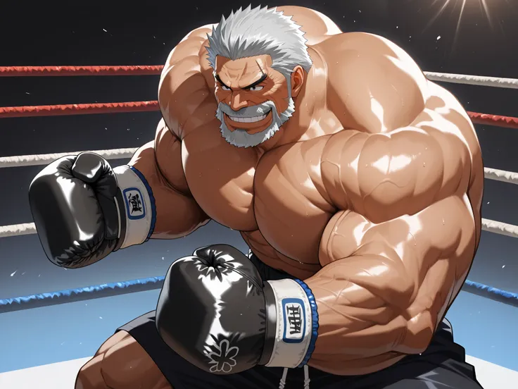 solo, muscular old man, garp, white_Garp_old facial hair, grey_Garp_short hair, black_Garp_scar on face, black_Garp_eyes, happy, grin, boxing, fighting stance, boxing gloves, shirtless, very huge pectoral, shorts, detailed face:1.3, eyes, wide shoulder, th...