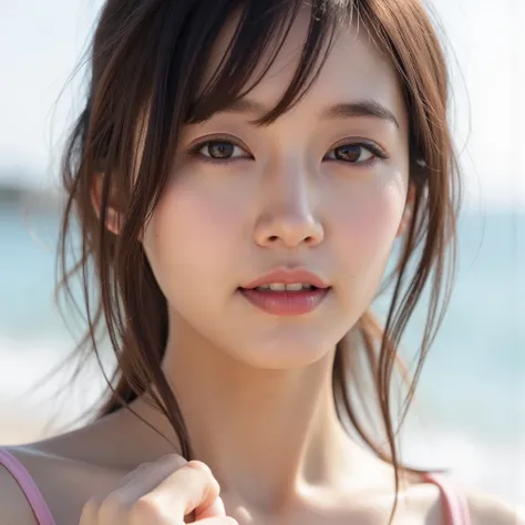 （8k、live action、RAW photo、Highest quality、masterpiece：1.2),(summer,  glossy lips on the beach , front light :1.2),(( perfect lighting)),(濡れたhair),watches the audience,(sexy pose with one hair hanging down:1.4), strong,(erotic),21 years old,student,white sk...