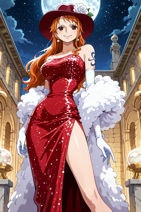 (masterpiece) solo, 1girl, nami, one piece, long orange hair, earrings, brown eyes, sleek legs, (red wide flat-brim hat with a ribbon decoration, ladies hat), white mink stole, (red long dress with sequins, off shoulder, ), ((white elbow length gloves)), (...