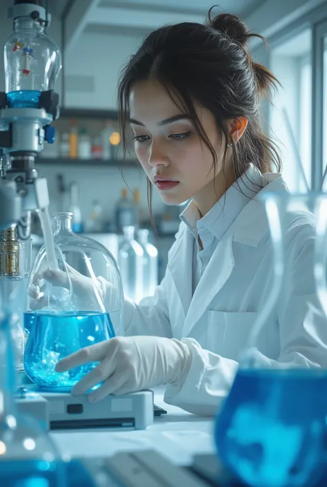High Quality Laboratory,Beautiful Girl in a White Coat,Operating Laboratory Equipment,Serious Facial Expression,Glassware ,Chemical Reagent,Blue Liquid,bright lights,Detailed and Lively,digital art,shiny texture,4K resolution,Extreme Details ,realistic,Pro...