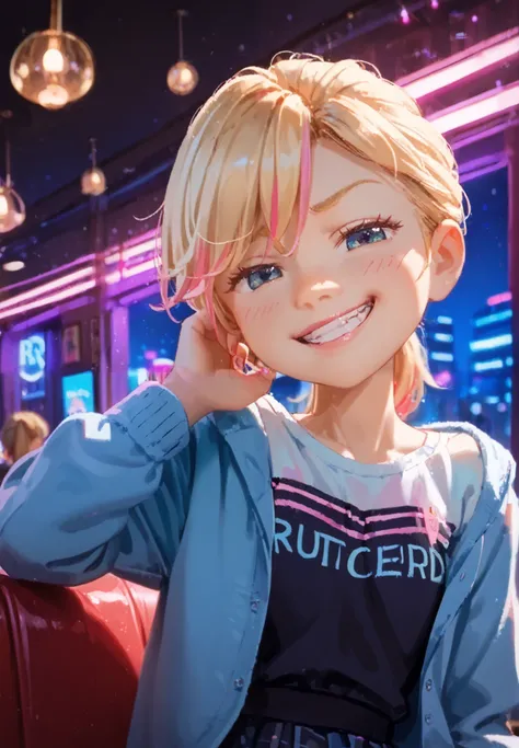 1girl, solo, Riley Andersen, Inside Out, Gyaru cosplay, smirk, blonde ponytail hair with pink highlights, nightclub, night time, beautiful lighting and shadows,