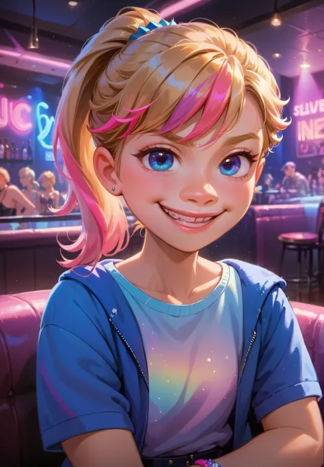 1girl, solo, Riley Andersen, Inside Out, Gyaru cosplay, smirk, blonde ponytail hair with pink highlights, nightclub, night time, beautiful lighting and shadows,
