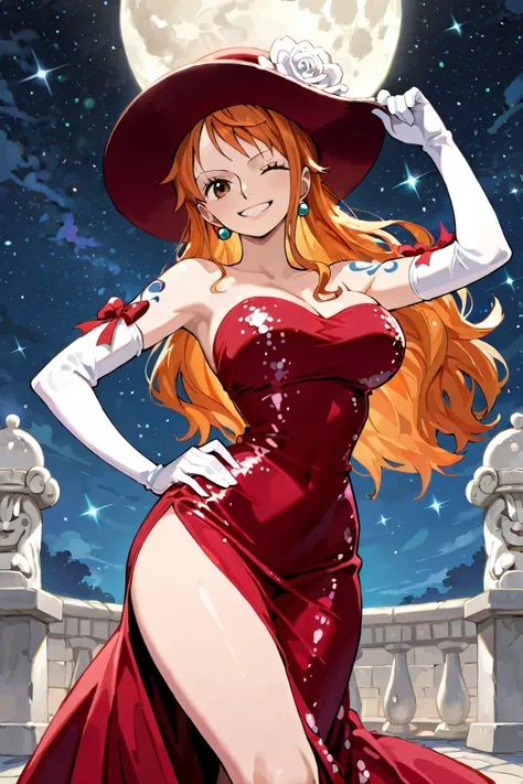 (masterpiece) solo, 1girl, nami, one piece, long orange hair, earrings, brown eyes, sleek legs, (red wide flat-brim hat with a ribbon decoration, ladies hat), white mink stole, (red long dress with sequins, off shoulder, ), strapless, ((white elbow length...