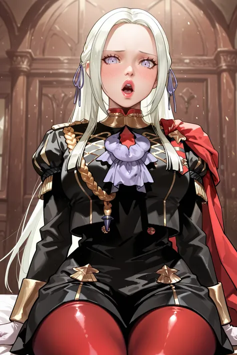 (Alone), (adult mature Edelgard, Garreg Mach uniform:1.0, sitting, red nylon pantyhose, glossy lipstick, big mouth, big lips, open mouth:1.5, shuddering, small waist, wide hips), best quality, high quality, high res, Looking at viewer, shy, embarrassed, (p...