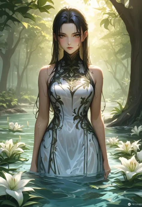 e1e1_v1, w1w1_v1, 1girl, solo, long hair, outdoors, looking at viewer, water, wet, black hair, partially submerged, tree, sunlight, blush, brown eyes, sleeveless, wet clothes, day, white dress, bare shoulders, closed mouth, nature, dress, blurry, wet hair,...
