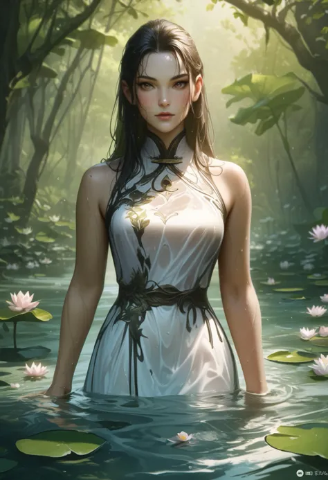 e1e1_v1, w1w1_v1,realistic, 1girl, solo, long hair, outdoors, looking at viewer, water, wet, black hair, partially submerged, tree, sunlight, blush, brown eyes, sleeveless, wet clothes, day, white dress, bare shoulders, closed mouth, nature, dress, blurry,...
