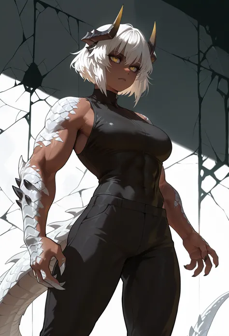muscular creature, dark horns, yellow eyes, short spiky white hair, short hair, black skinsuit, pants, humanoid arms with sharp claws and scales, silver scales on arms and legs, calm pose, athletic, dark skin tone, BREAK background is simple and muted, wit...