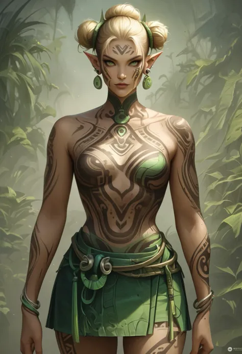 e1e1_v1, w1w1_v1, realistic,1girl, tattoo, solo, breasts, green eyes, blonde hair, jewelry, hair bun, earrings, looking at viewer, topless, double bun, medium breasts, skirt, bodypaint, full-body tattoo, piercing, arm tattoo, tribal tattoo, closed mouth, l...