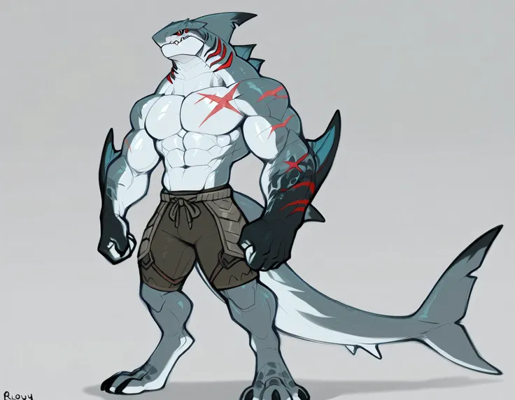 sharkman, anthro megalodon, darker hands and fins, solo, big arms, bara, detailed skin, lizard shark hybrid, anthro, closed mouth, polynesian tattoos, tattoos covering arm and shoulder, detailed scalie skin, scalie arms, fins on arms, gray color body, beef...