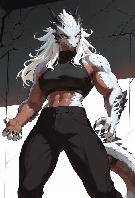 muscular creature, anthro dragon, dark horns, yellow eyes, short spiky white hair, black crop top, pants, sharp claws and scales, silver scales on arms and legs, calm pose, athletic, posed in a dynamic stance,dark skin tone, BREAK background is simple and ...