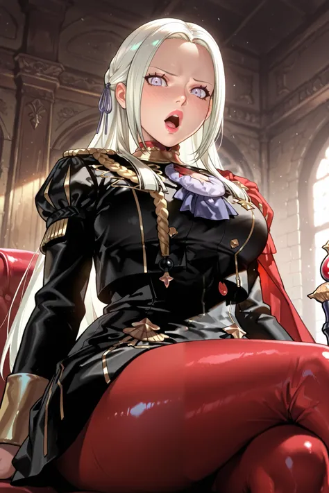 (Alone), (adult mature Edelgard, Garreg Mach uniform:1.0, sitting, red nylon pantyhose, glossy lipstick, big mouth, big lips, open mouth:1.5, shuddering, small waist, wide hips), best quality, high quality, high res, Looking at viewer, shy, tsundere, (perf...