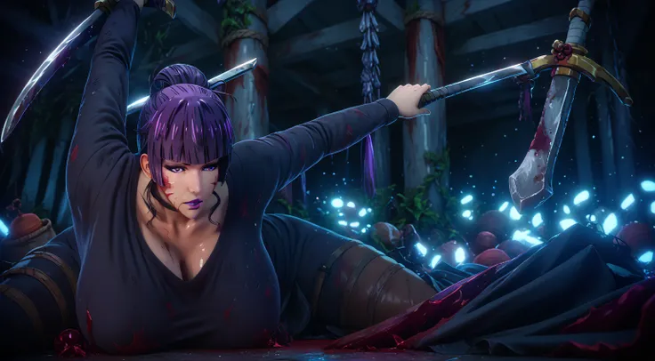 score_9, score_8_up, score_8, score_7_up, bouqtm, 1girl, nyotengu, single hair bun, purple eyes, huge breasts, purple lips, plump, shiny skin, sword, 1girl, hat, holding_sword, solo, long_sleeves, blood, dusty, fantasy art,