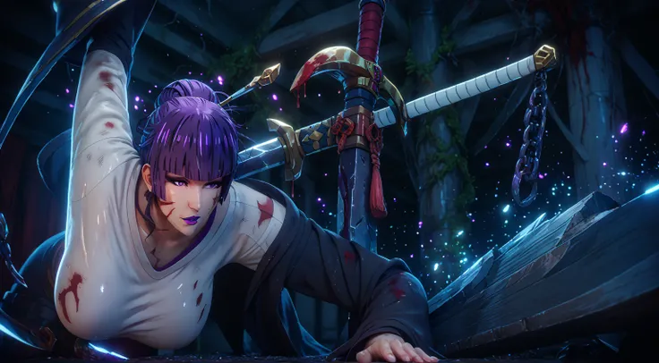 score_9, score_8_up, score_8, score_7_up, bouqtm, 1girl, nyotengu, single hair bun, purple eyes, huge breasts, purple lips, plump, shiny skin, sword, 1girl, hat, holding_sword, solo, long_sleeves, blood, dusty, fantasy art,