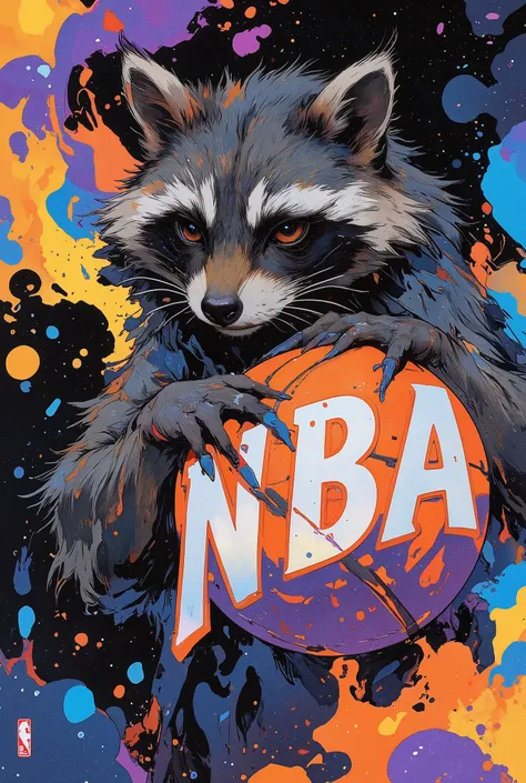 (((article, "NBA ", Add text"NBA", holographic big font) {x},(best quality)))、(super high image quality)、(Super Detail)、(detailed description)、(Best CG ))、(masterpiece)、ArsMJStyle、(Zen ink wash painting)、raccoon , basketball