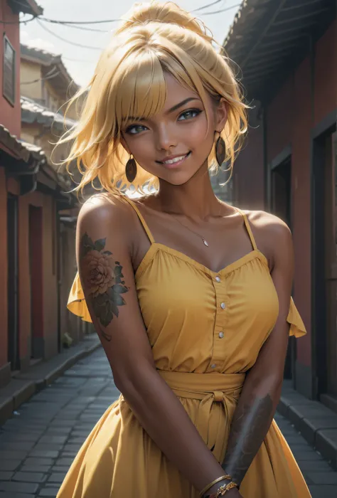 beauty ponytail BLONDE brown skin Black Skin flirtatious attitude evil expression smile looks at you melancholy mood earrings bracelet、 standing