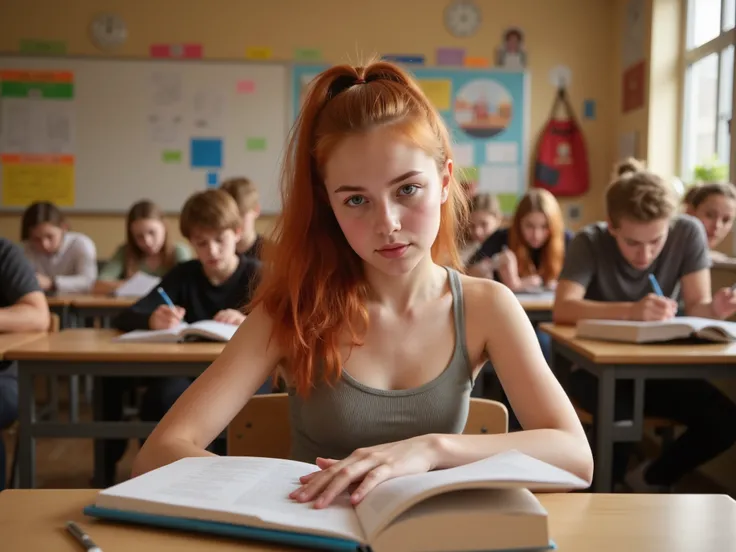 An eighteen-year-old age girl , ginger, Ponytail, learns with many books .  Many classmates are in the classroom with her.