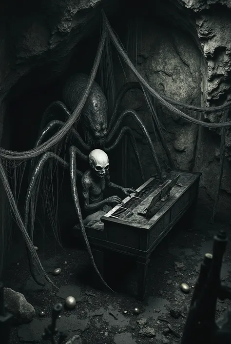In a dark, damp cavern filled with thick spider webs and glistening eggs, a monstrous woman with arachnid features emerges. Her pale skin starkly contrasts with the decaying surroundings, and long, sinister spider legs sprout from her back. She sits at an ...