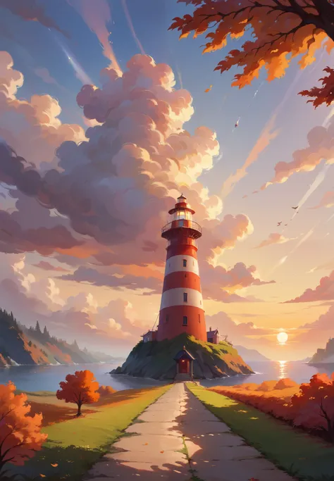 score_9, score_8_up, score_7_up, (masterpiece, UHD, 8K, 16K, ultra detailed), scenery, 1lighthouse, loneliness, sunset, (autumn), (wind:1.2), cozy, diffused light, dramatic ambient