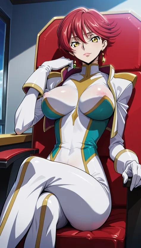 narah_pilotsuit,narah vaughn,1girl,solo,red hair,sitting,crossed legs,short hair,breasts,chair,yellow eyes,gloves,looking at viewer,jewelry,earrings,lipstick,large breasts,mature female,MILF ,,,,,,, score_9, score_8_up, score_7_up, score_6_up, score_5_up, ...