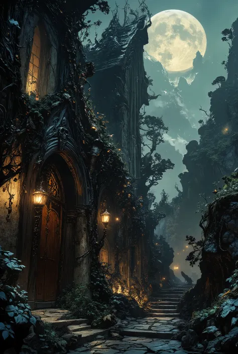 A beautiful gloomy and sinister necromancer's castle, overgrown with wild black roses and full of undead servants and monsters, huge full moon on the background, in the distance a wild dense bushy forest, night, fantasy, landscape, high resolution ,gothic ...