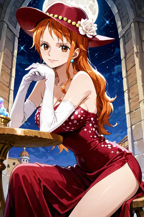 (masterpiece) solo, 1girl, nami, one piece, long orange hair, earrings, brown eyes, sleek legs, red wide flat-brim hat with a ribbon decoration), red long dress with sequins, off shoulder,  strapless,  ((white elbow length gloves)), (smiling, coy, confiden...