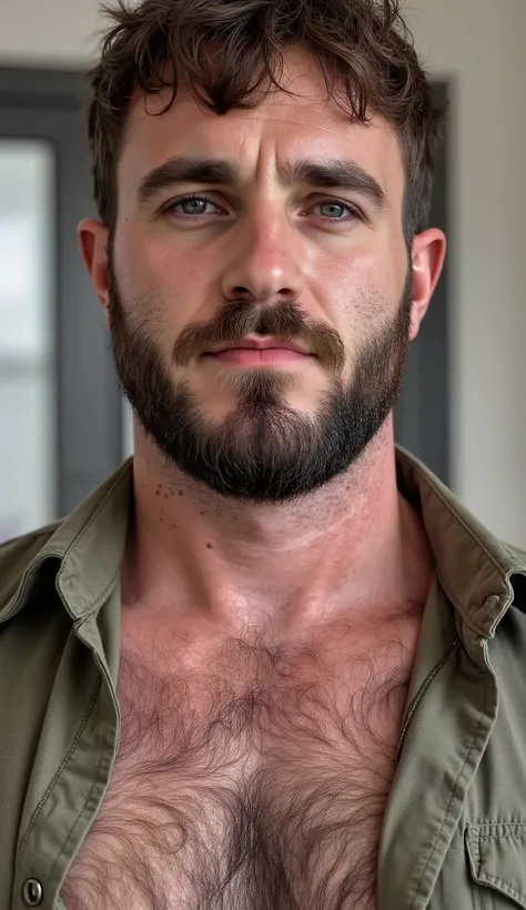 masterpiece, best quality, high resolution, closeup portrait, male focus, solo focus, full body view, full male body, hairy legs hairy stomach,, A man, 35 years old, brown hair, in unbuttoned shirt, college professor, hair, messy hairstyle, man showing ...