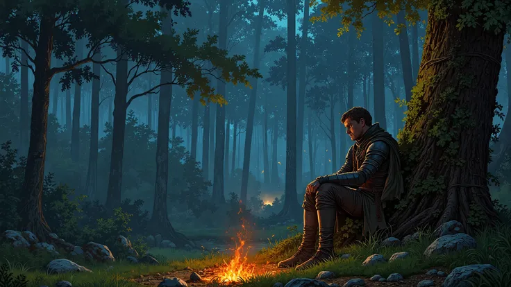 A medieval knight, around 30 years old, with a rugged face, short brown hair, and a scar on his cheek, sits against a moss-covered tree in a dense foggy forest. A small campfire burns a few meters away, its glow barely penetrating the mist. The knight rema...
