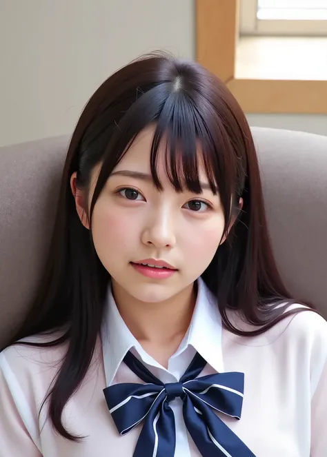 ( photos, upper body shot), perfect figure, very pretty, Japanese high school student, office reception room, lie down on your back on the sofa, Japanese sailor school shirts, Photos taken from above by viewers, Suggested gender, upper body close-up, missi...
