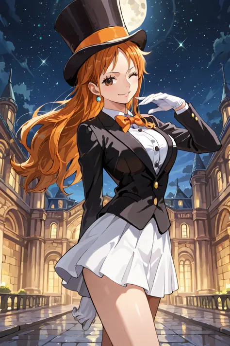 (masterpiece) solo, 1girl, nami, one piece, long orange hair, earrings, brown eyes, sleek legs,( large black silk top hat, orange band) black tuxedo jacket, white shirt under tuxedo jacket, orange bowtie, white miniskirt, ((white gloves)), (smiling, grace...
