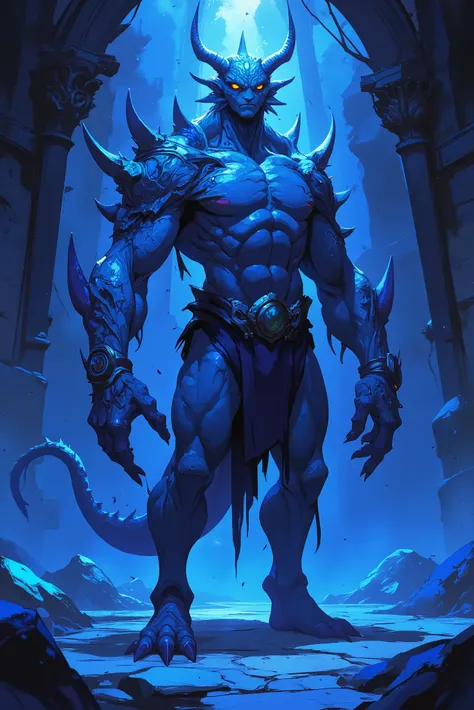 Blue demon . scaly skin . dark blue skin. lizard tail. Yellowish Eyes. Long black horns. Anime. Stance of imposure. big claws. Alto. Sorriso. Corpo magro