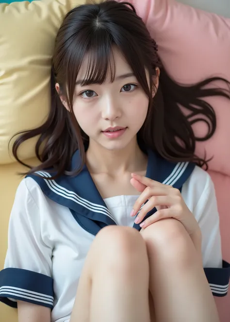 (photos, highest quality, 4K, High resolution, masterpiece, Genuine, Realistic, Realistic:1), ((upper boddy shot, from front, single image)), perfect figure, very pretty, Japanese high school student lie down,
raise up leg, knee, background colored bed s...