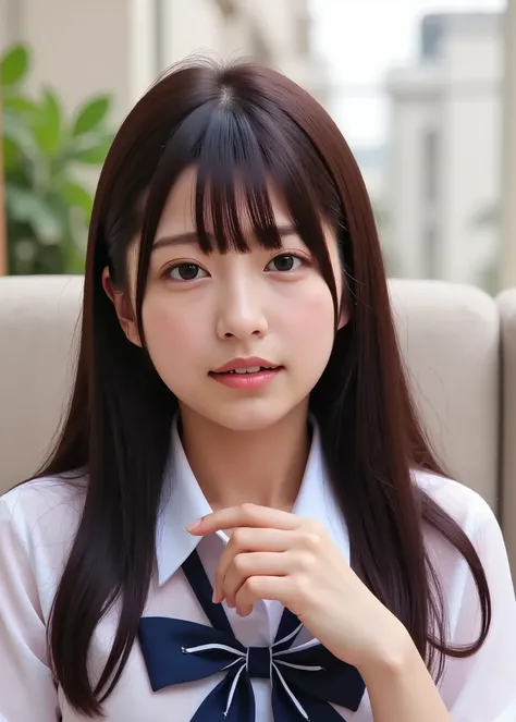 ( photos, upper body shot), perfect figure, very pretty, Japanese high school student, office reception room, lie down on your back on the sofa, Japanese sailor school shirts, Photos taken from above by viewers, Suggested gender, upper body close-up, missi...