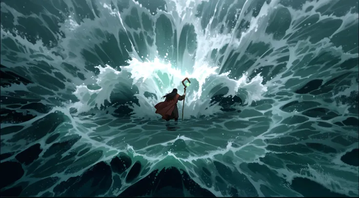 Moses opening the sea, he is a middle-aged man with long hair and a black beard, he is holding a rustic wooden stick, he is standing in the middle of the waters that are being repelled by his presence when touching his staff like a vortex
