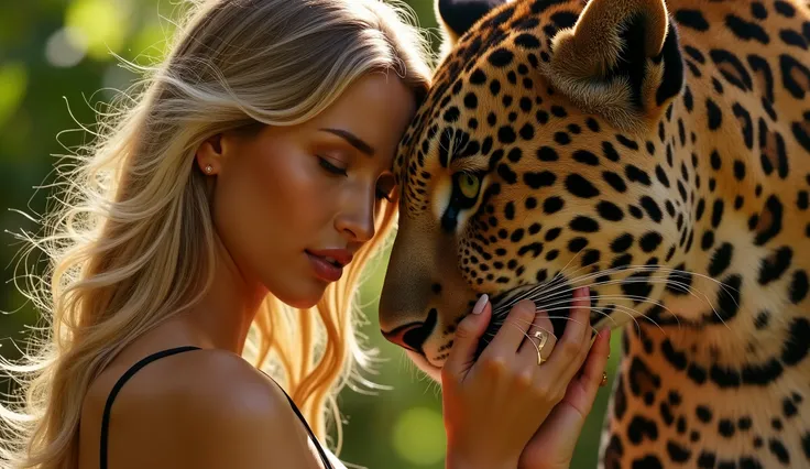 a blonde gorgeous woman, petting a leopard, 8k, cinematic, soft light