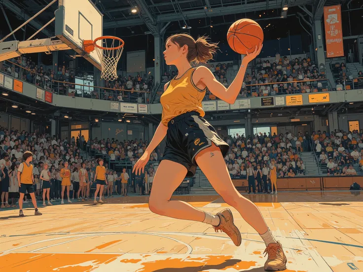 Anime-style (high energy:1.3), featuring an athletic high school girl performing a basketball shot (dynamic action pose:1.4). She has short light brown hair tied in a small ponytail, with loose strands framing her determined face. (focused expression:1.3),...