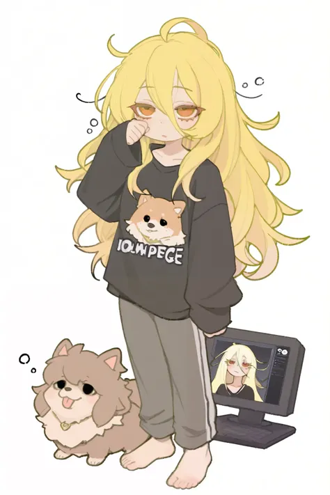 one girl、full body standing picture、 Gold、Unkempt Hair、Sleepy and half-open eyes、Eye color: black、is a crease under the eye、long lashes、black buka buka sweatshirt、 grey sweatpants with Pomeranian dog on the side、bare feet、Looks sleepy、I'm holding my comput...