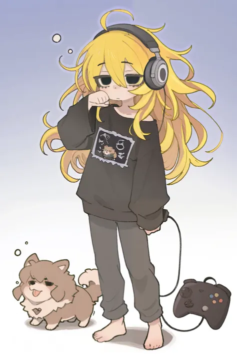 one girl、full body standing picture、 Gold、unkempt hair、Sleepy, half-open, black eyes、is a crease under the eye、long lashes、plain black fukabuka sweatshirt、 grey sweatpants with Pomeranian dog on the side、bare feet、Hunchback、holds a game controller in one h...