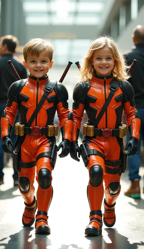 character: 1 baby boy, and 1 baby girl. They have blonde hair and They have European faces.
action: Walk straight and look straight ahead.
Expression : smiling.
Costume : they Wearing futuristik orange Deadpool. Two swords on the back.
Background : A...
