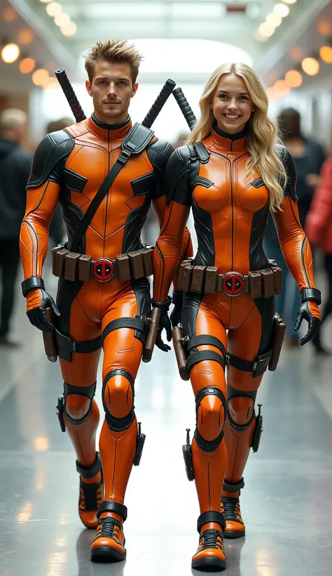 character: 1 boy,  and 1 girl. They have blonde hair and They have European faces.

action: Walk straight and look straight ahead.

Expression : smiling.

Costume : they Wearing futuristik orange Deadpool. Two swords on the back.

 Background : A bright in...