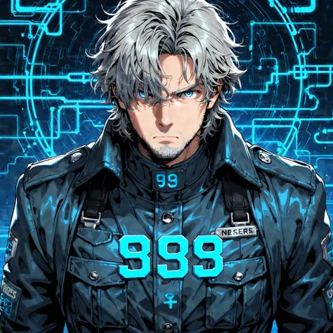 1male, (solo), light grey hair, stubble beard, messy shaggy hair, light blue eyes, serious expression, (metal military styled clothing), (dark blue circuits across clothing), ((data numbers across chest)), circuits on clothing, circuitry, futuristic, holog...